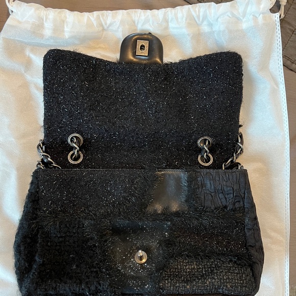 Chanel Vintage Black Patchwork Tweed Leather Classic Flap Shoulder Bag - Picture 4 of 10